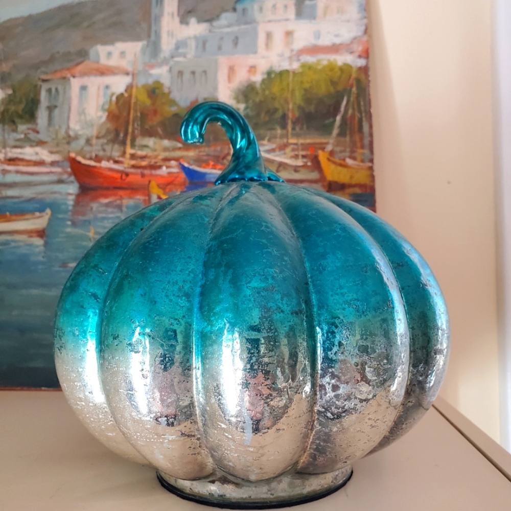 Blue and Silver metallic glass pumpkin
